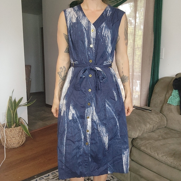 Donna Karan Brushstroke Print Belted Dress Size Large - Picture 1 of 7